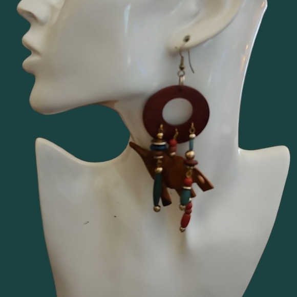 Vintage Jewelry - Vintage 1980s Wood Carved Elephant Tribal Beaded Festival Dangle Earrings
